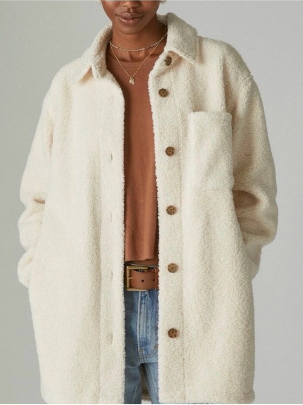 Lucky Brand Cream Sherpa Button-Front Jacket